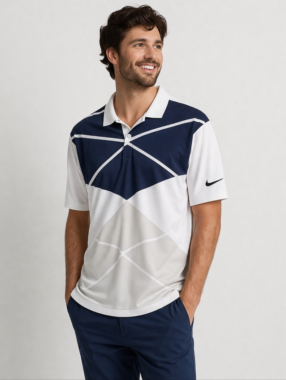 Nike Golf Dri-FIT Men's XL Geometric Colorblock Polo White Navy Grey